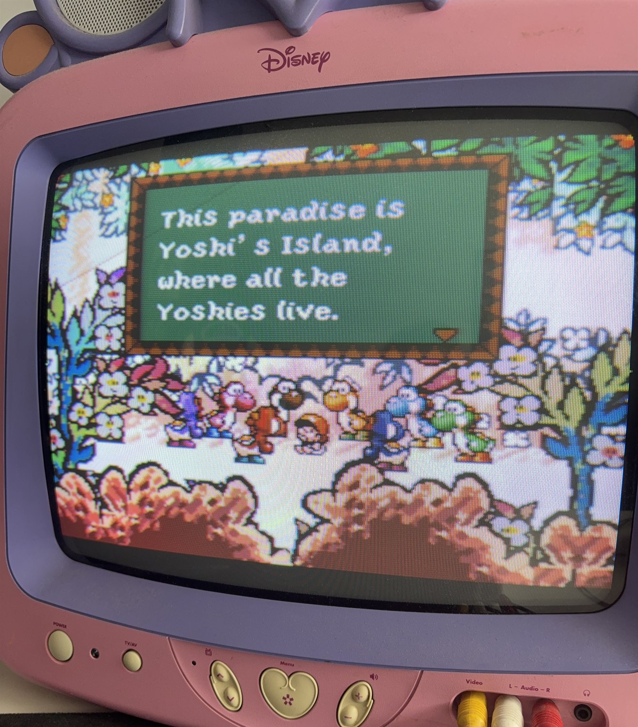 A photograph taken with CRT Camera: a pink Disney-branded CRT television running Yoshi's Island, with the dialogue “This paradise is Yoshi's Island, where all the Yoshies live.” The phosphor grid of the tube is visible across the picture and no refresh band crosses the screen.