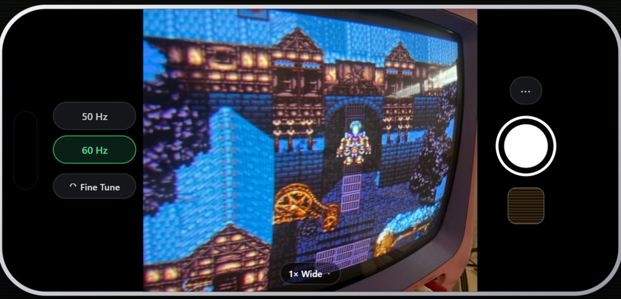 CRT Camera held in landscape. The 50 Hz and 60 Hz presets and Fine Tune sit on the left edge, the shutter button and last capture on the right, and between them the live preview fills with a Final Fantasy VI town on a CRT television.