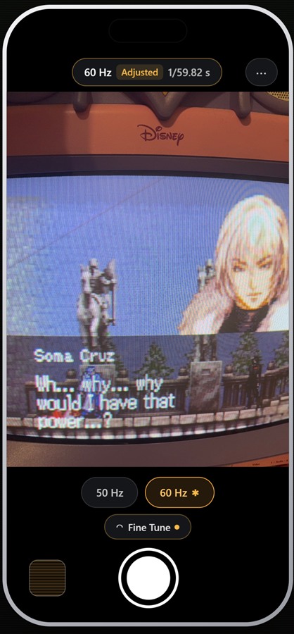 CRT Camera showing “60 Hz · Adjusted · 1/59.82 s” — the requested preset, its adjusted state, and the shutter duration the camera actually applied. The preview shows a Castlevania cutscene on a CRT television.